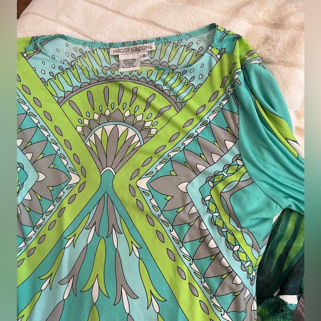 Maggy London Women 4 Dress Y2k Bright Blue Green Maximalist Spring Sheath Preppy